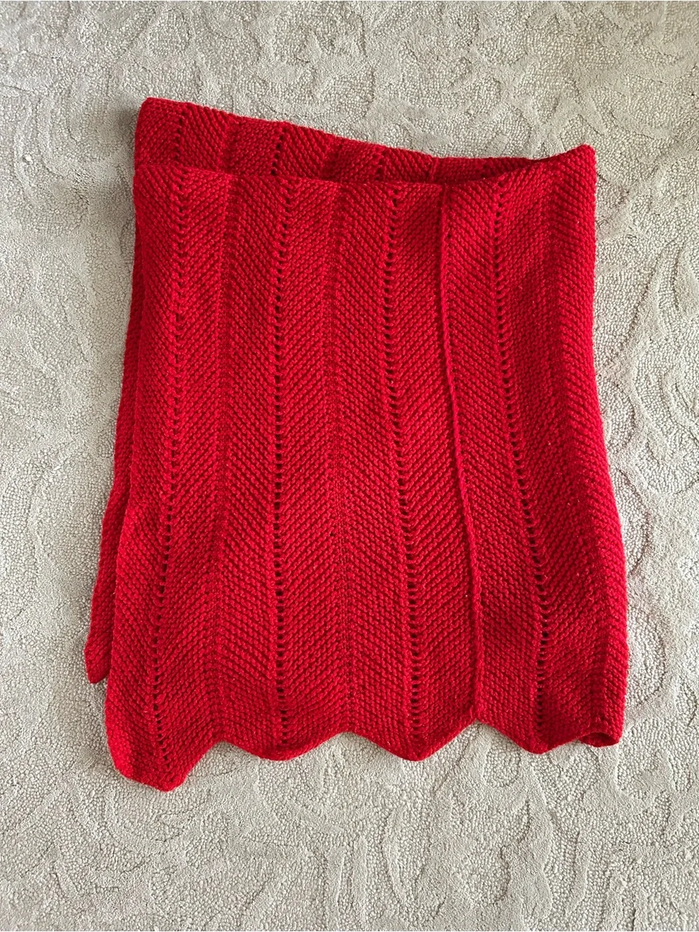 Vintage Handmade Afghan Blanket Crochet Knit 45x60 Red Scalloped Hem Holiday